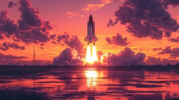 Dramatic Space Shuttle Launch at Sunrise Fiery Sky Water Reflection photo