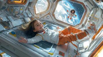 Joyful Girl Astronaut Floating in Space Station photo
