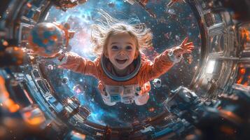 Joyful Child Astronaut Floating in Space Station Zero Gravity Space Exploration photo