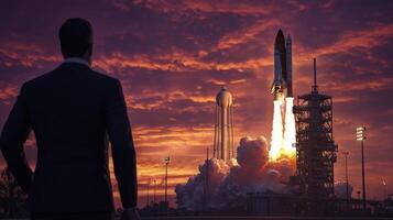 Dramatic Space Shuttle Launch at Sunset Businessman Witnessing Liftoff photo