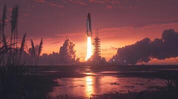 Dramatic Space Shuttle Launch at Sunset High Resolution Image photo