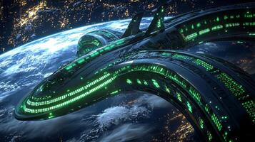 Futuristic Spaceship Orbiting Earth Sci Fi Spaceship Alien Craft Space Exploration Night Scene High photo