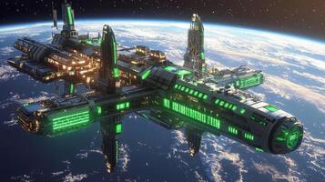 Futuristic Spaceship Docked at Orbital Station Earth Below photo