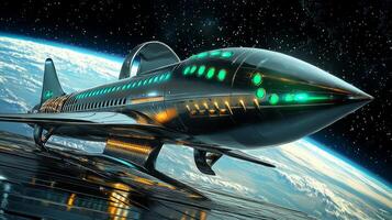 Futuristic Spaceship Docked at Orbital Station Earth Below photo