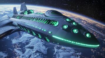 Futuristic Spaceship Docked at Orbital Station Above Earth photo