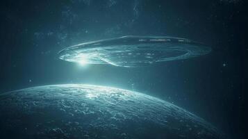 Mysterious Alien Spaceship Over Luminous Blue Planet Sci Fi Scene photo