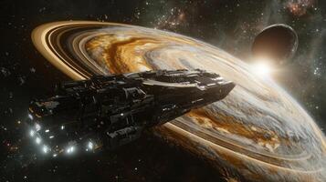 Futuristic Spaceship Orbiting Gas Giant Planet 8K Sci Fi Artwork photo