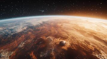 Futuristic Spaceship Orbiting Gas Giant Planet 8K Space Exploration Image photo