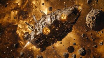 Futuristic Spaceship Navigating Asteroid Field Nebula Background Sci Fi Art photo