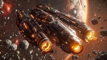 Futuristic Spaceship Navigating Asteroid Field 8K Nebula Background photo