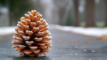 A pine cone covered in frost sits on a snowy path. photo
