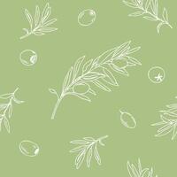 Olive Branches Graphic Seamless Pattern. White line art on a green background. Hand drawn illustration. Can be used for textile, wallpaper prints and packaging vector
