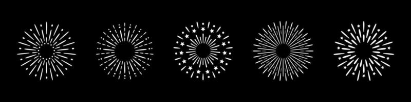 illustration of bright fireworks and firecracker icons set for celebrations and festivals. Collection is ideal for New Year parties and events. Fireworks cliparts in black and white colors. vector