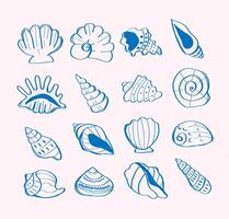 Seashells blue hand drawn set. Doodle outline scallop shell. Hand-drawn design elements vector