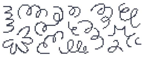 Set of doodle pixelated playful scribble. Abstract children background with curve line. Trendy design with basic shapes. vector