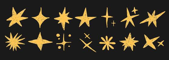 Drawn stars and sparkles doodle set. Textured Twinkle shape. Design Y2K elements. Yellow Textured figures vector
