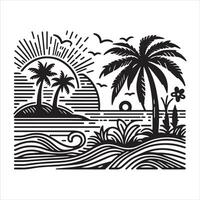 An illustration of palm trees and an umbrella in black and white vector