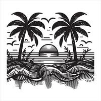 A seaside landscape with a palm tree and a beach in the backdrop vector