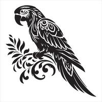 An illustration shows a parrot perched on a flower-adorned branch vector