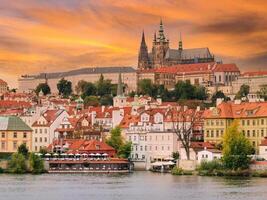 Czech city view with river at sunrise time photo