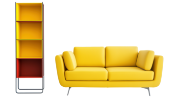 Bright yellow sofa with simple vertical shelf image isolated transparent, . Minimalist couch rack stand cut out . Cozy modern interior cutout element object photography png