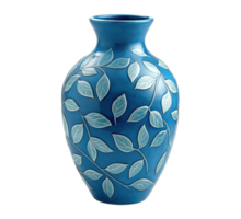 Blue ceramic vase with leaf pattern and glossy finish image isolated transparent, . Artistic piece cut out . Decorative home accessory cutout element object photography png