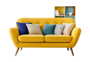 Yellow sofa with throw pillows and decorative shelf image isolated transparent, . Stylish home seating cut out . Comfortable living room cutout element object photography png