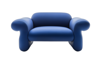 Modern blue lounge chair with smooth upholstery image isolated transparent, . Armchair curved design cut out . Contemporary eclectic furniture cutout element object photography png