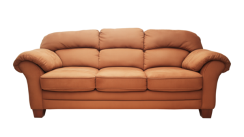 Plush brown sofa with curved armrests and classic design image isolated transparent, . Cozy padded couch cut out . Soft comfortable furniture cutout element object photography png