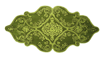 Ornate green embroidered rug with floral motifs image isolated transparent, . Elegant scrollwork pattern carpet cut out . Decorative textile cutout element object photography png