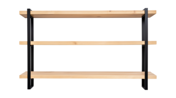 Minimalist three-tier wooden shelf image isolated transparent, . Modern home decor cut out . Office storage solution. Natural wood furniture cutout element object photography png