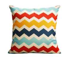 Square decorative pillow with vibrant chevron pattern image isolated transparent, . Zigzag cushion cut out . Trendy home accent accessory cutout element object photography png