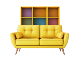 Tufted yellow sofa with vibrant cube-style bookshelf image isolated transparent, . Cozy room seating cut out . Comfortable furniture bookcase cutout element object photography png