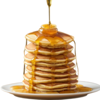 Stack of Pancakes with Drizzling Syrup on White Plate on Transparent Background png