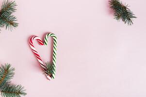 Heart made of red and green candy canes and fir branches on pink background top view photo