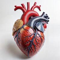 Colored Artificial Educational Heart Replica Showing arteries and Veins on White Background photo