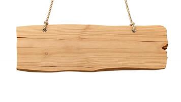 Wooden sign hanging on rope in a simple design for various uses photo