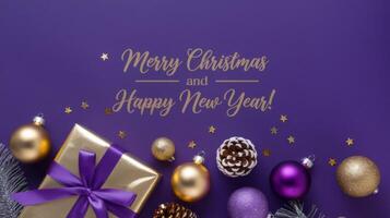 Purple and Gold Christmas Arrangement with Gift Box and Baubles on Purple Background. Elegant, Festive Christmas Banner, Template, Copy Space, Social Media Post photo