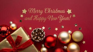 Red and Gold Christmas Arrangement with Gift Box and Baubles on Red Background. Elegant, Festive Christmas Banner, Template, Copy Space, Social Media Post photo