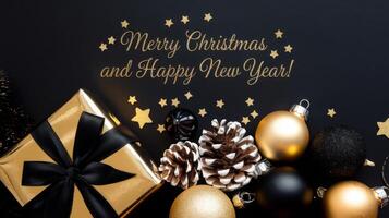 Black and Gold Christmas Arrangement with Gift Box and Baubles on Black Background. Elegant, Festive Christmas Banner, Template, Copy Space, Social Media Post photo