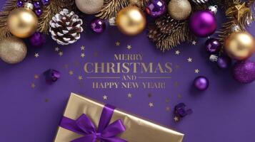 Purple and Gold Christmas Arrangement with Gift Box and Baubles on Purple Background. Elegant, Festive Christmas Banner, Template, Copy Space, Social Media Post photo