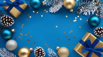 Light Blue and Gold Christmas Arrangement with Gift Box and Baubles on Light Blue Background. Elegant, Festive Christmas Banner, Template, Copy Space, Social Media Post photo