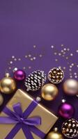 Purple and Gold Christmas Arrangement with Gift Box and Baubles on Purple Background. Elegant, Festive Christmas Banner, Template, Copy Space, Social Media Post photo