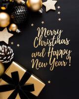 Black and Gold Christmas Arrangement with Gift Box and Baubles on Black Background. Elegant, Festive Christmas Banner, Template, Copy Space, Social Media Post photo