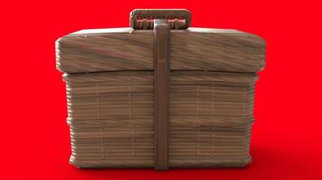 wooden box with leather belt with red background photo