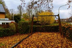 Autumn leaves cover empty swing set in quiet backyard photo