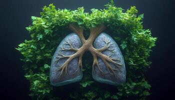 Human lungs designed with green vegetation, symbolizing health and the need to stop smoking. It emphasizes the connection between breathing and nature photo