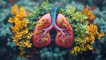 Human lungs designed with green vegetation, symbolizing health and the need to stop smoking. It emphasizes the connection between breathing and nature photo