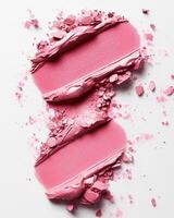 Collection sample swatch of pink lipstick texture on white background. Cosmetics for lip makeup photo