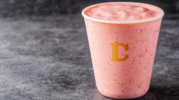 A strawberry smoothie in a cup on a table photo